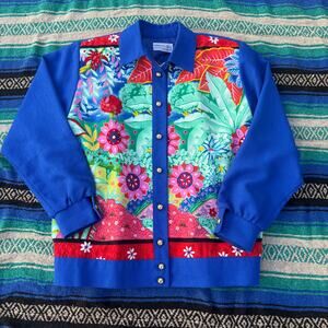 Women's Vintage 80's Three Flags California Blue Floral Button Up Light Jacket M